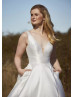 Plunging V Neck Ivory Satin Simple Wedding Dress